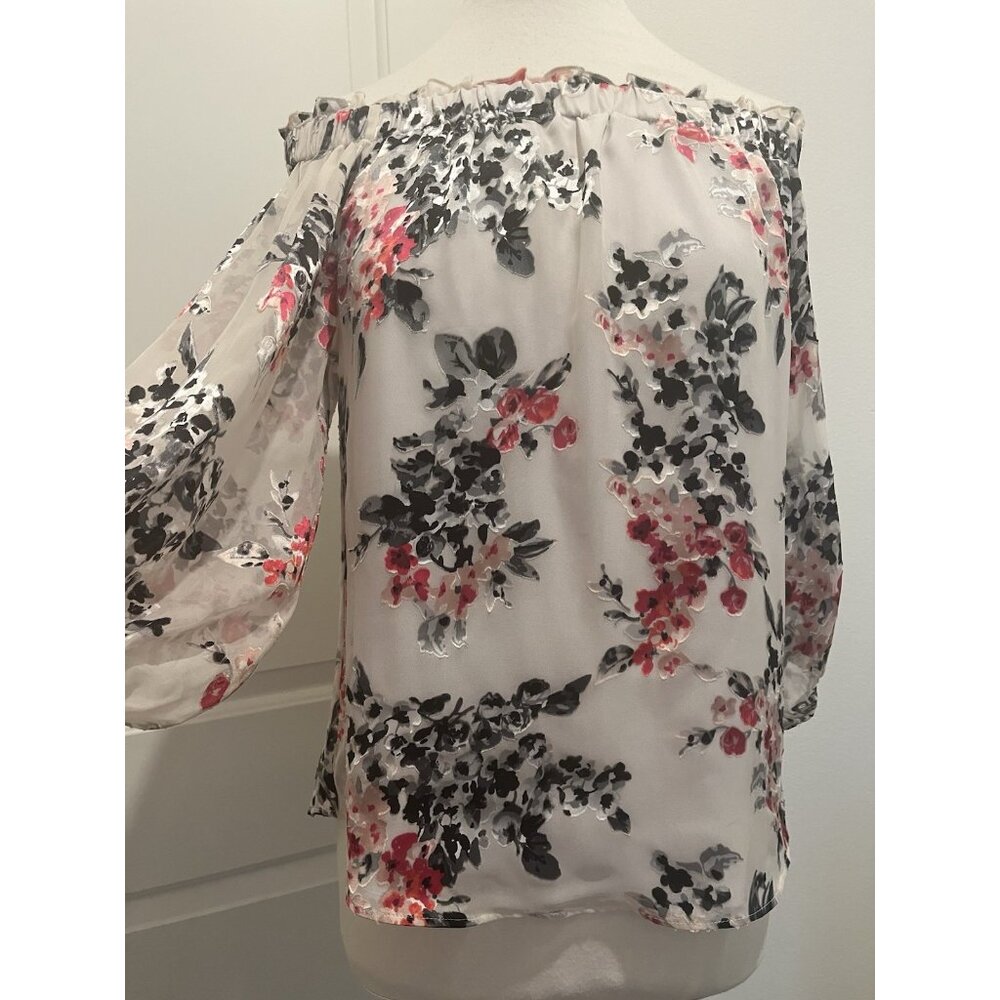 White House Black Market Silk Blend Women's Floral Off the Shoulder Top Boho Med
